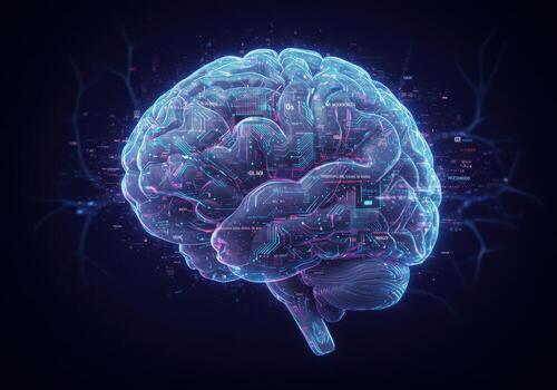 Experience the future of intelligence with a stunning, luminous digital brain showcasing intricate circuit pathways and glowing data streams photo