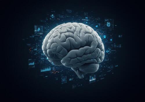 Sophisticated 3D human brain model with futuristic digital data visualizations symbolizing intelligence and innovation photo