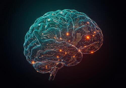 Stunning digital brain illustration pulses with electric energy, symbolizing AI, innovation, and advanced technology, perfect for modern tech concepts. photo