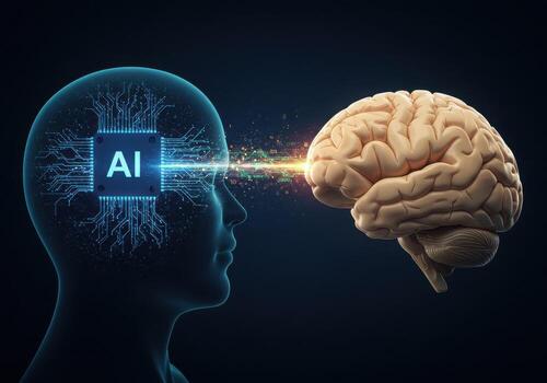 dinámica ai concepto fusiona tecnología y humano inteligencia, simbolizando futuro innovación y digital conciencia en un pulcro, moderno visual. foto