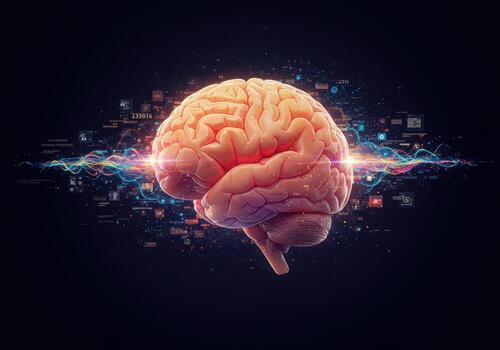 Dynamic digital brain visualization with glowing data streams and futuristic network connections symbolizing intelligence and innovation photo