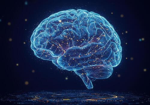 Glowing abstract digital brain visualization symbolizing neural network, artificial intelligence, and complex cognition in futuristic blue hues photo