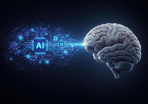 Experience the future of intelligence as AI connects with a realistic human brain, symbolizing innovation and advanced technology powering our world. photo
