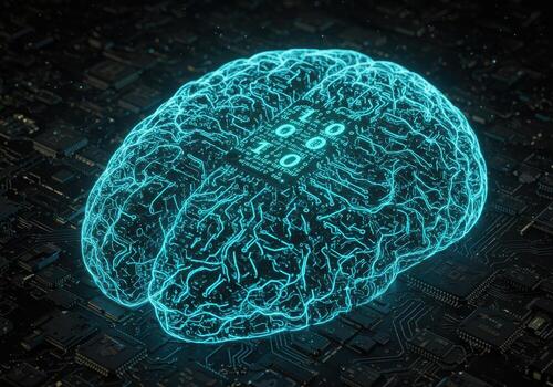 Stunning digital brain rendered in vibrant neon blue circuitry, symbolizing artificial intelligence and advanced technology photo