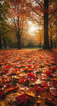 dorado otoño luz de sol corrientes mediante vibrante árboles, tejido de alfombra el suelo con un asombroso mosaico de caído hojas en un sereno parque ajuste. foto