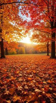 luz de sol corrientes mediante vibrante otoño árboles, fundición dorado ligero en un alfombra de caído hojas en un sereno parque ajuste. foto
