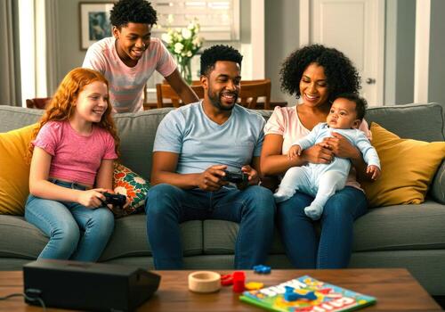 Joyful diverse family bonding over games on couch, creating cherished memories and strengthening connections in a cozy living room setting. photo