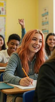 alegre estudiantes sonriente y aprendizaje en un brillante salón de clases durante un divertido colegio lección, promoviendo educación y infancia desarrollo foto