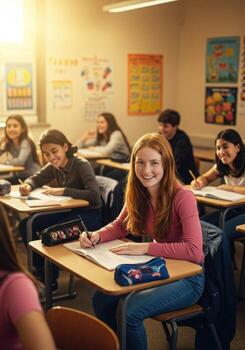 Happy students laughing in a bright classroom, creating a positive and collaborative learning environment with friends photo