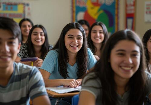 Smiling students engaged in class, creating a positive and vibrant learning environment, perfect for educational content. photo