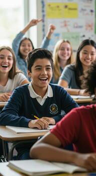 Smiling high school student with classmates during class, representing education and teamwork in a supportive learning environment photo