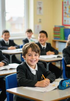 Smiling diverse students in a bright classroom setting, ready to learn and excited about education, back to school photo