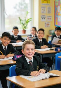 A group of children sitting at desks photo