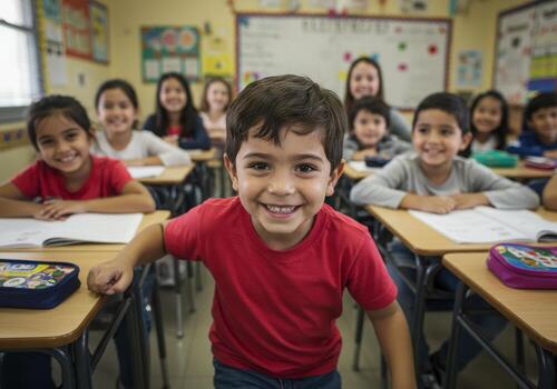 Smiling students enjoying a bright classroom environment during a fun learning session, focused and happy in school photo