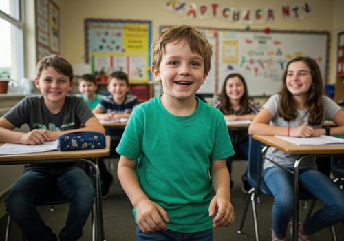 A young boy smiles while sitting at a desk in a classroom photo