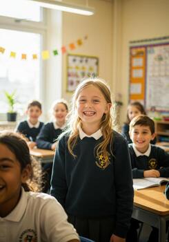 Smiling students engaged in classroom learning, bright and cheerful atmosphere perfect for educational content and promoting positive learning experiences photo