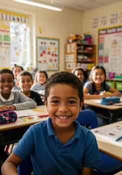 Diverse group of happy students laughing together in a bright classroom setting, celebrating success and education photo