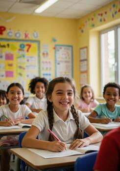 Smiling students engaged in class, creating a positive and supportive learning environment, perfect for educational content photo