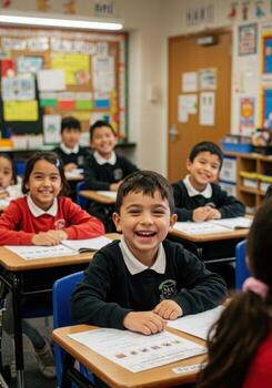 Smiling students writing in classroom, capturing the joy of education, a vibrant atmosphere of learning and friendship, ready for school photo