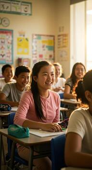 Smiling students engaged in learning at school, creating a positive and cheerful atmosphere for education, ideal for educational content photo