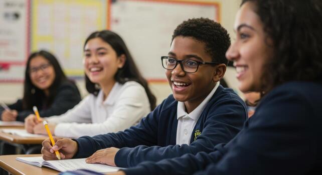 Joyful young student enthusiastically learning and writing in a bright modern classroom filled with diverse classmates photo