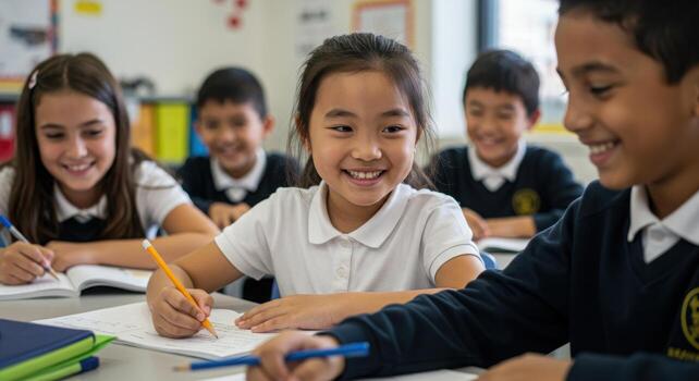 Joyful young student beaming with excitement while diligently writing in classroom, capturing the essence of learning and curiosity photo