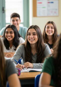 Joyful elementary students engaged in learning, smiling brightly in a vibrant, modern classroom setting, embracing education with enthusiasm and curiosity. photo