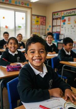 Joyful elementary student with bright smile engaged in learning, surrounded by classmates in a vibrant classroom environment photo