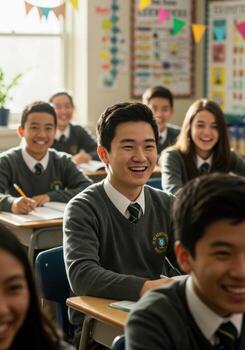 A group of students in school uniforms smiling photo