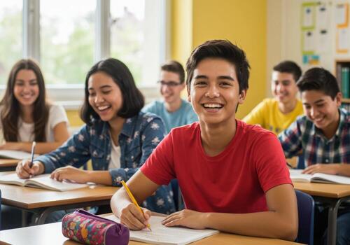 Joyful diverse students actively engaged in a bright, modern classroom setting, celebrating learning and participation with smiles and raised hands. photo