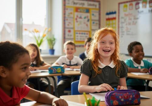 Excited students enthusiastically raising hands in a bright, modern classroom, eager to participate and learn photo