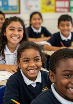 Smiling students in classroom creating a positive, inclusive learning environment with diverse children ready to learn photo