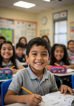 Joyful diverse elementary students smiling brightly during engaging classroom lesson, learning together in a vibrant school environment photo