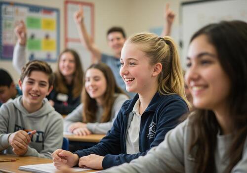 Smiling students collaborating and learning in a bright classroom environment, capturing the joy of education and teamwork photo
