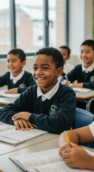 Diverse group of smiling students ready to learn in a bright and modern classroom setting, education concept photo