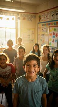 Smiling Asian students enjoy learning in a bright classroom, perfect for educational materials, school websites, or showcasing positive learning environments photo