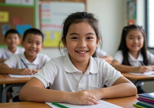 Joyful elementary students learning together in a bright classroom, fostering education and teamwork, ideal for school promotions and educational materials photo