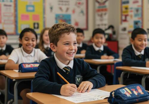 Smiling students create a vibrant, diverse learning environment in a bright classroom, perfect for educational materials, youth campaigns, and back-to-school ads photo