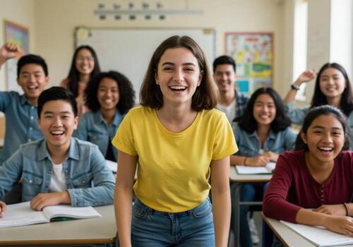 A group of students in a classroom with one girl smiling photo