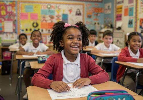 Happy high school students enjoying a lively classroom discussion with their teacher, creating a bright and collaborative learning environment together photo