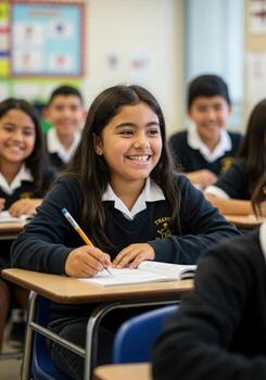 Diverse students engage in collaborative learning activities, fostering a positive and inclusive classroom environment with smiles and open textbooks photo