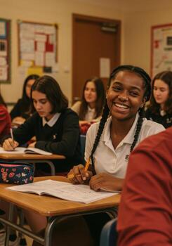 Enthusiastic young students learning and writing together in bright classroom environment, ideal for back to school campaigns and educational content photo