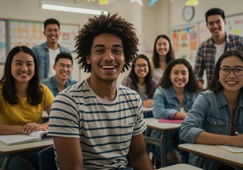 Diverse smiling students enjoying class together in bright classroom setting, eager to learn and succeed during engaging lesson, fostering positive learning photo