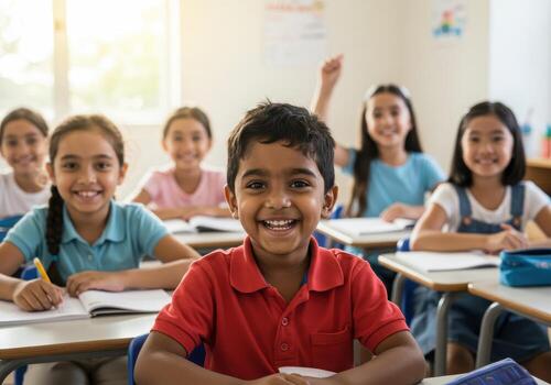 Joyful students smiling during class in a bright, modern school setting - perfect for educational content, back-to-school campaigns, and promoting diversity photo