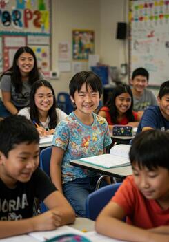 Enthusiastic elementary students joyfully running in classroom during engaging lesson, fostering teamwork and positive learning environment in school photo
