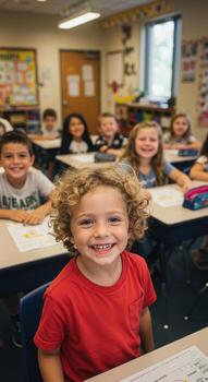 Smiling students learning together in classroom create an atmosphere of joy and academic success perfect for educational materials and back to school campaigns photo