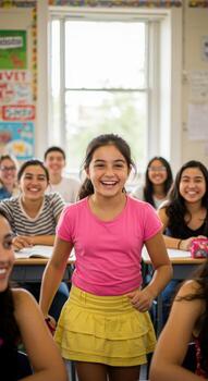 A girl in a classroom with other students photo