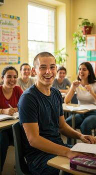 Diverse students smiling in sunlit classroom during lesson, showing youthful enthusiasm and collaborative learning in modern school environment photo