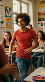 sonriente estudiante felizmente escritura en su cuaderno durante clase con amigos en moderno, brillante colegio salón de clases exhibiendo diversidad y educación éxito foto