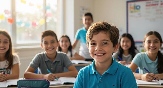 Happy diverse students learning together in bright classroom, promoting education, inclusivity, and the joy of learning for schools and educational programs photo